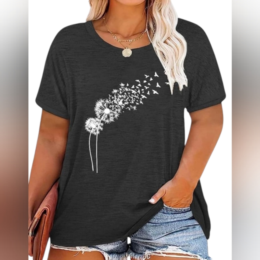 🆕 Women's PLUS SIZE Heathered Grey With White Dandelion Screen Print T-shirt